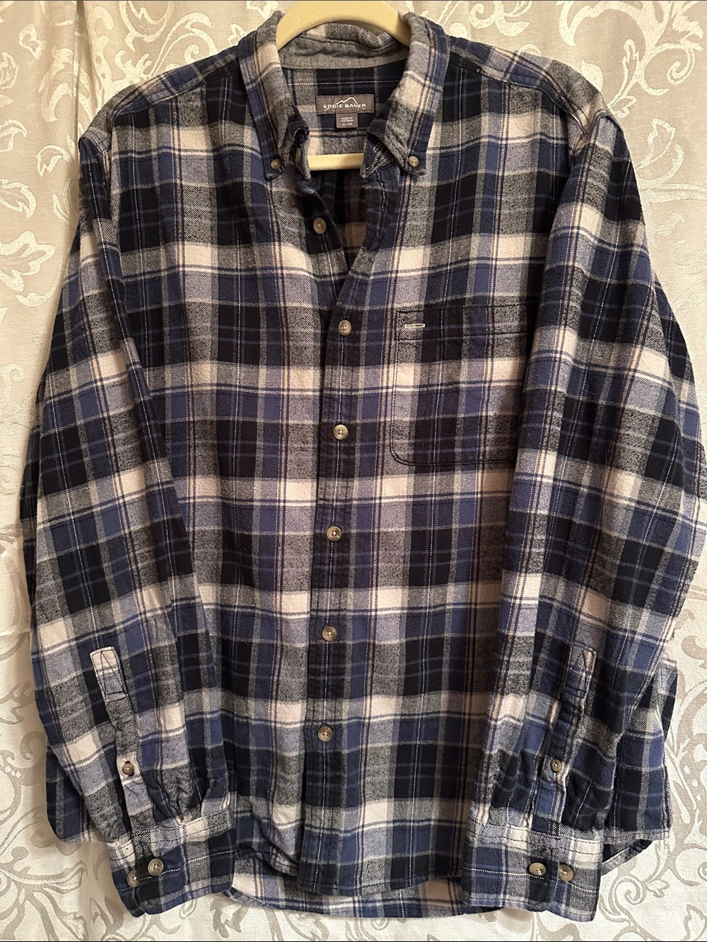 Eddie Bauer Navy, Blue and White Plaid Button-Down Shirt